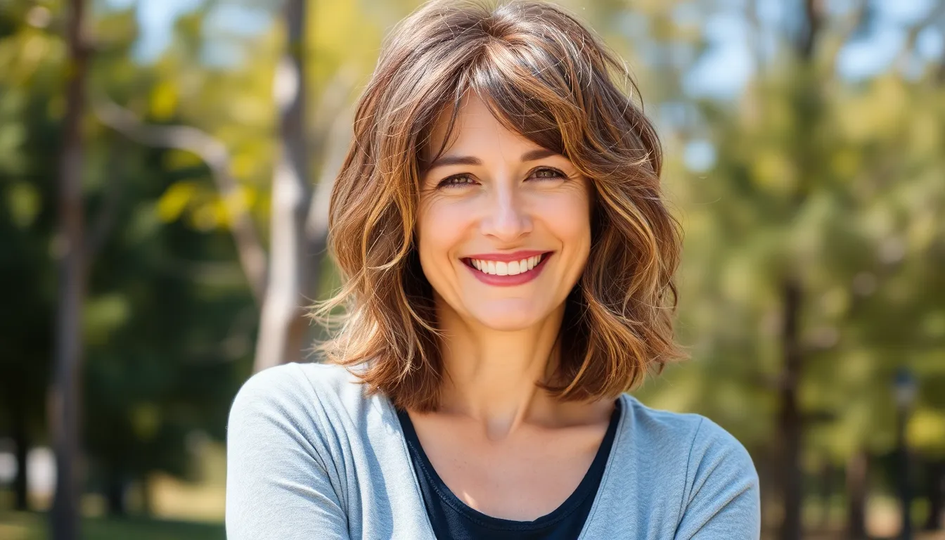 Middle aged woman low maintenance choppy shaggy shoulder length hair