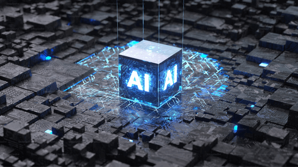 Futuristic glowing AI cube on a digital circuit board background